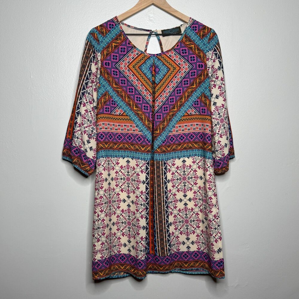 Tinley Womens Shift Mini Dress Medium Multicolor Tribal Boho 3/4 Sleeve Brunch‎